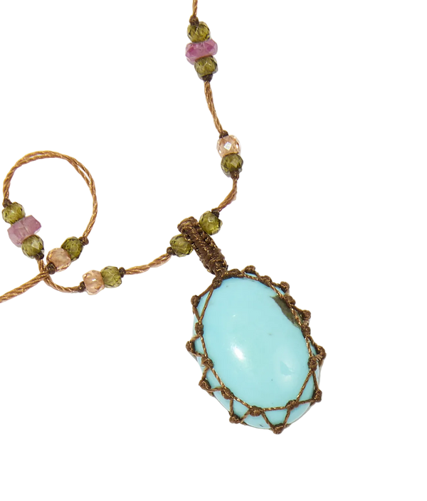 Collier court tibétain - Turquoise - Mix Tourmaline Rose - Fil Tabac