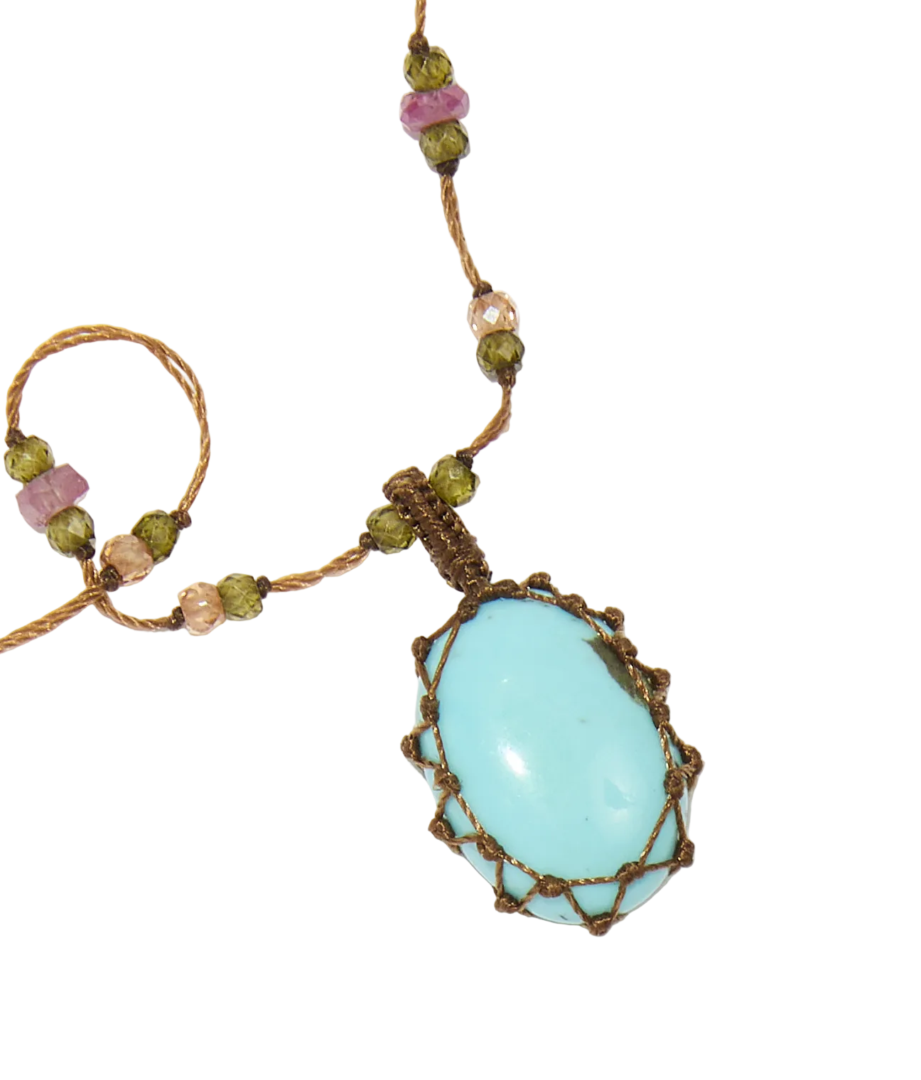 Collier court tibétain - Turquoise - Mix Tourmaline Rose - Fil Tabac