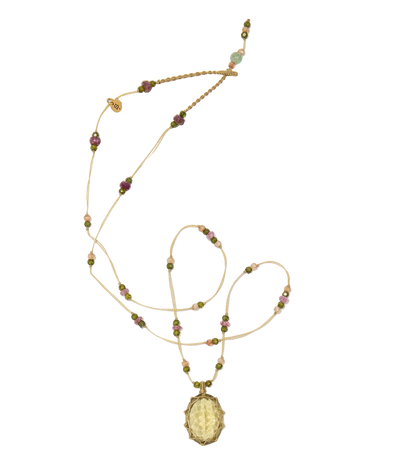 Collier court tibétain - Olive Quartz - Mix Tourmaline Rose - Fil Beige