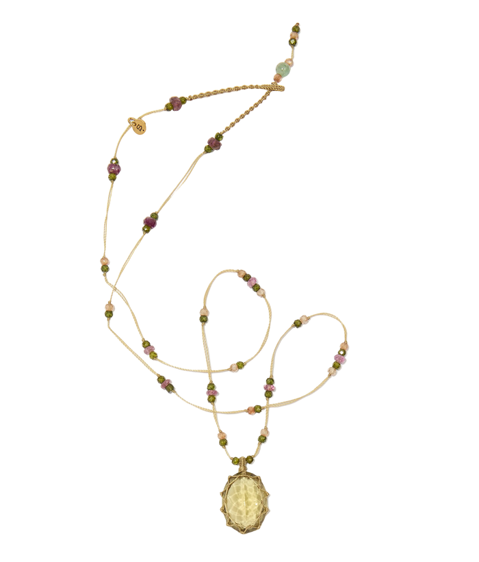 Collier court tibétain - Olive Quartz - Mix Tourmaline Rose - Fil Beige