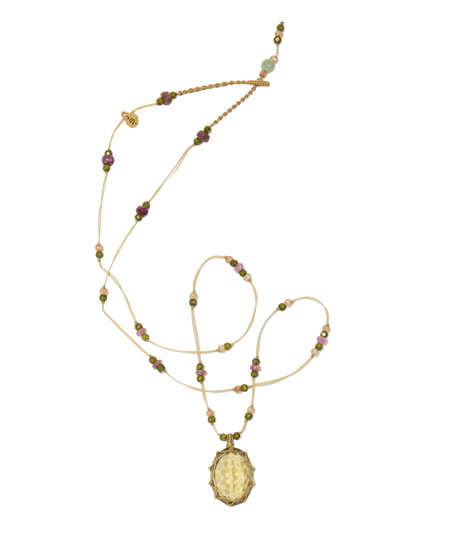 Collier court tibétain - Olive Quartz - Mix Tourmaline Rose - Fil Beige