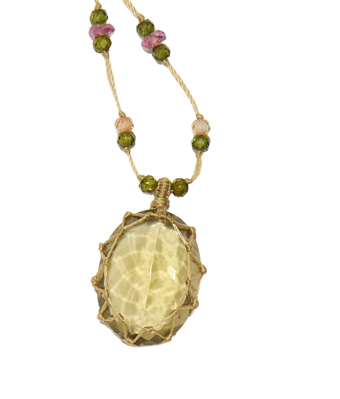 Collier court tibétain - Olive Quartz - Mix Tourmaline Rose - Fil Beige