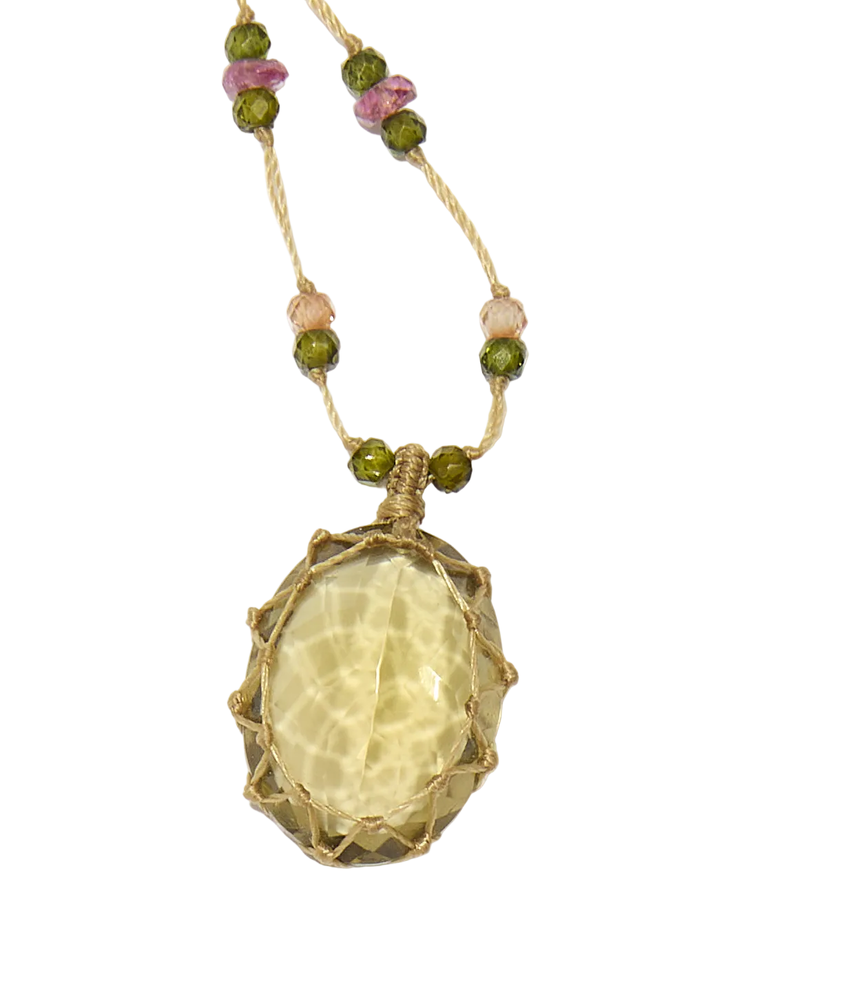 Collier court tibétain - Olive Quartz - Mix Tourmaline Rose - Fil Beige