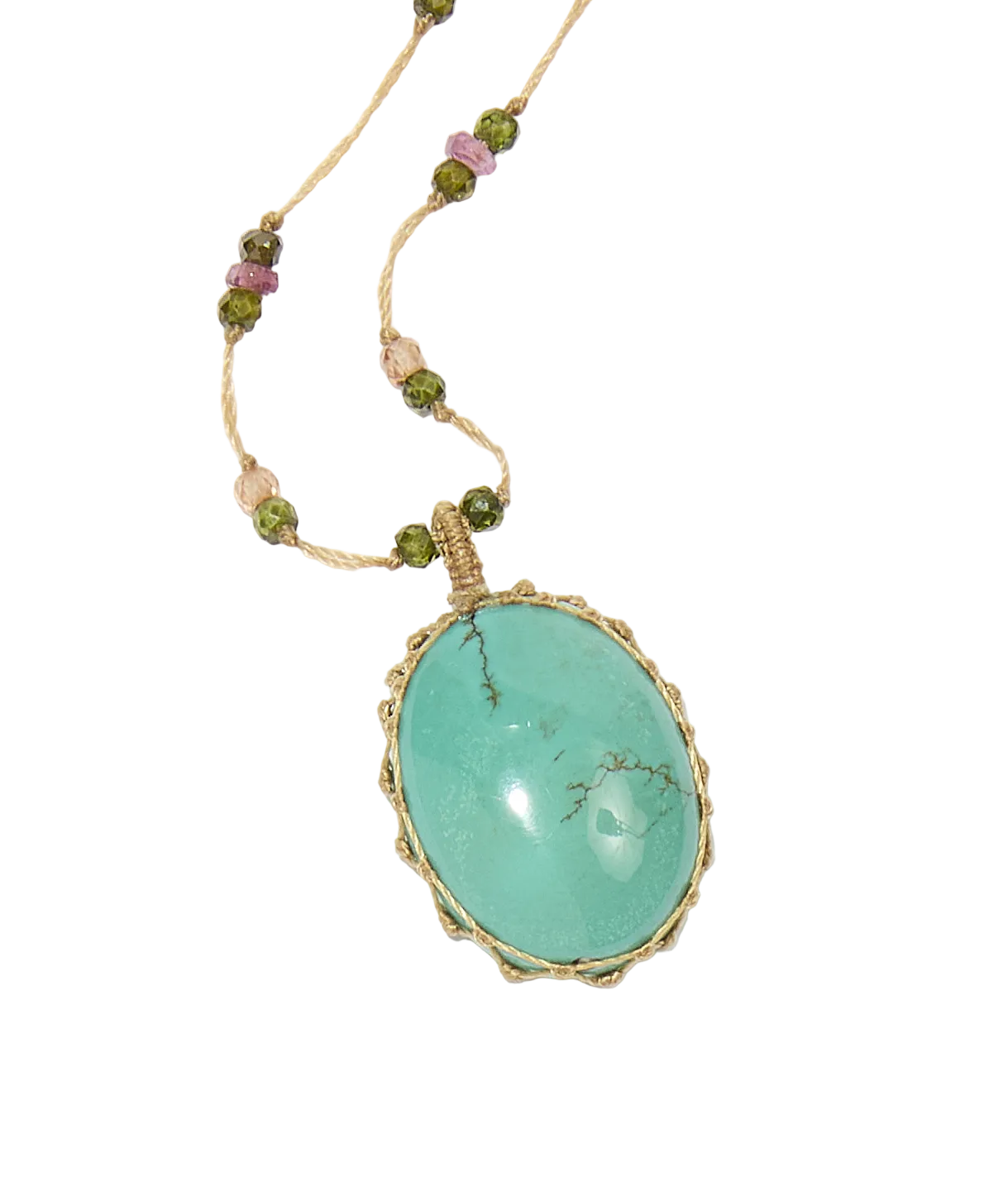 Collier court tibétain - Turquoise - Mix Tourmaline Rose - Fil Beige