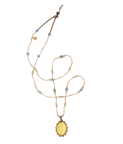 Collier court tibétain - Honey Quartz  - Mix Emeraude - Fil Tabac