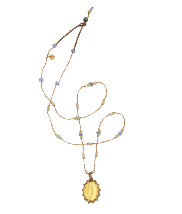 Collier court tibétain - Honey Quartz  - Mix Emeraude - Fil Tabac