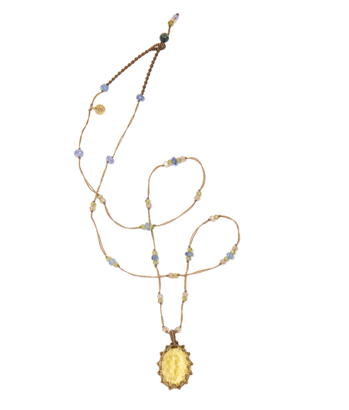 Collier court tibétain - Honey Quartz  - Mix Emeraude - Fil Tabac