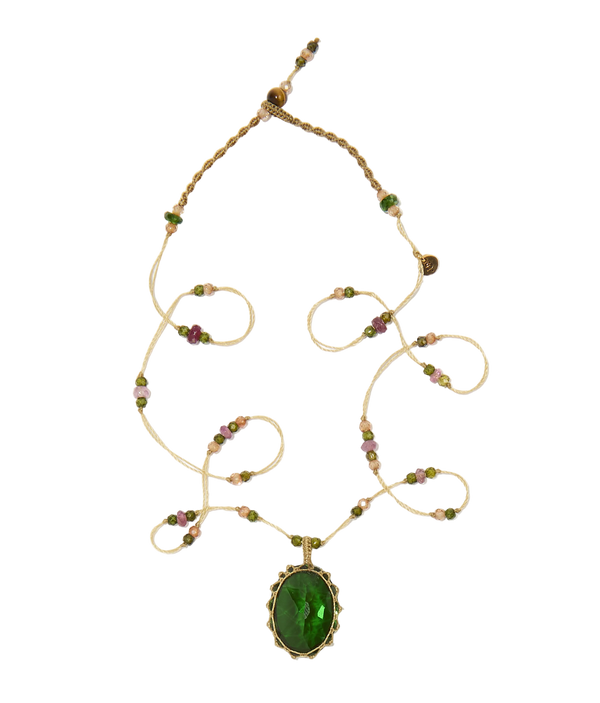 Collier court tibétain - Dublet Chrome - Mix Tourmaline Rose - Fil Beige