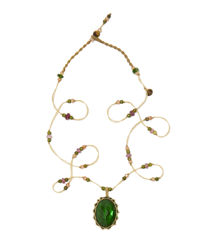 Collier court tibétain - Dublet Chrome - Mix Tourmaline Rose - Fil Beige
