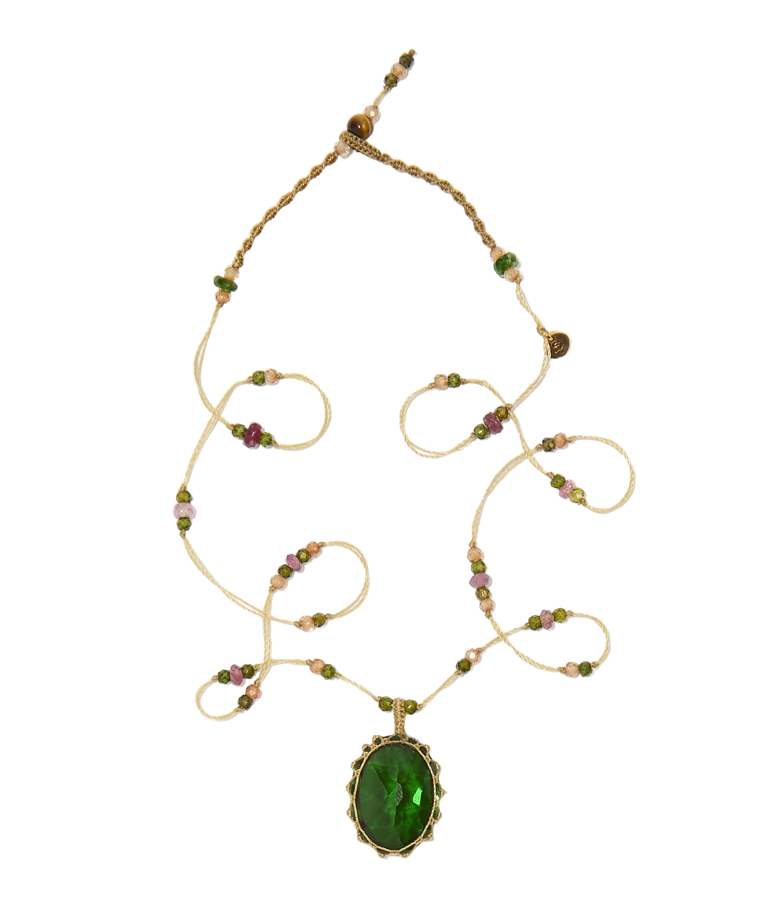 Collier court tibétain - Dublet Chrome - Mix Tourmaline Rose - Fil Beige