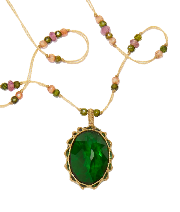 Collier court tibétain - Dublet Chrome - Mix Tourmaline Rose - Fil Beige