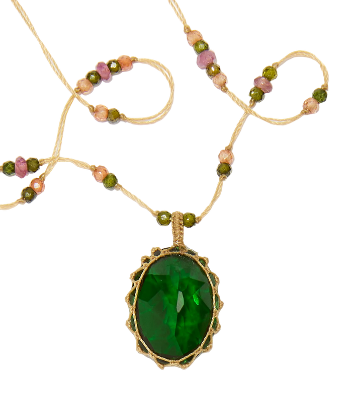 Collier court tibétain - Dublet Chrome - Mix Tourmaline Rose - Fil Beige
