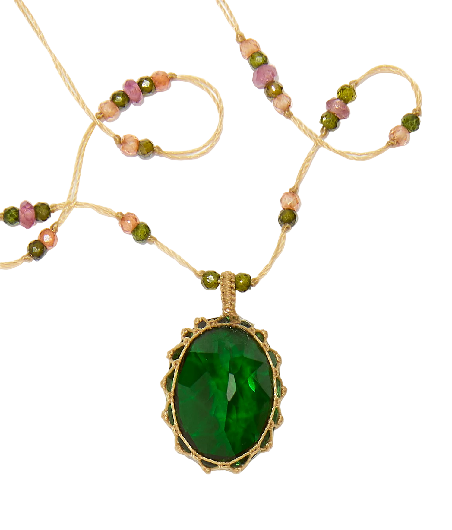 Collier court tibétain - Dublet Chrome - Mix Tourmaline Rose - Fil Beige