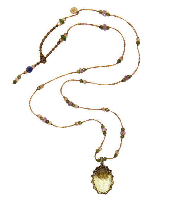 Collier court tibétain - Bio Lemon - Mix Tourmaline Rose - Fil Tabac