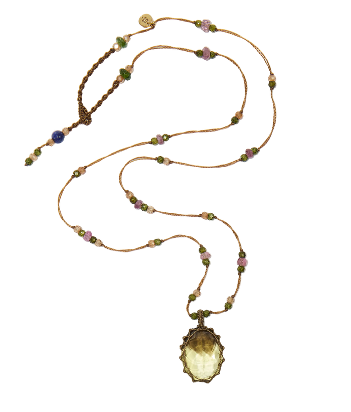 Collier court tibétain - Bio Lemon - Mix Tourmaline Rose - Fil Tabac