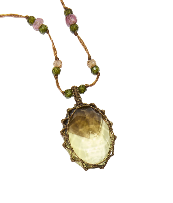 Collier court tibétain - Bio Lemon - Mix Tourmaline Rose - Fil Tabac