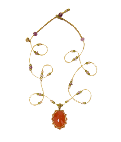 Collier court tibétain - Cornaline - Mix Tourmaline Rose - Fil Beige