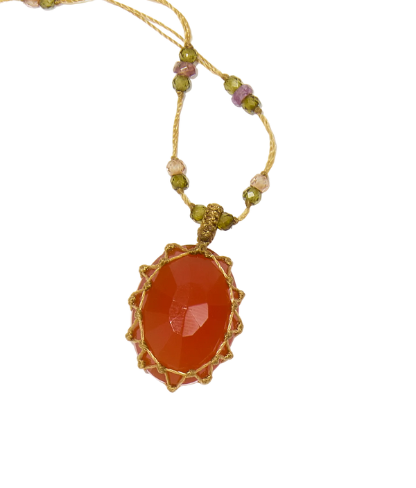 Collier court tibétain - Cornaline - Mix Tourmaline Rose - Fil Beige
