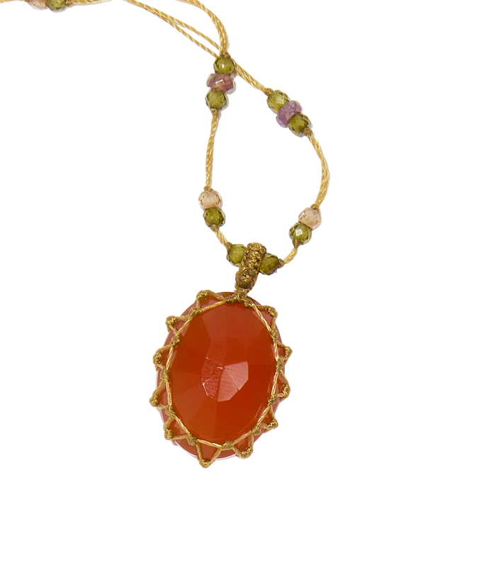 Collier court tibétain - Cornaline - Mix Tourmaline Rose - Fil Beige