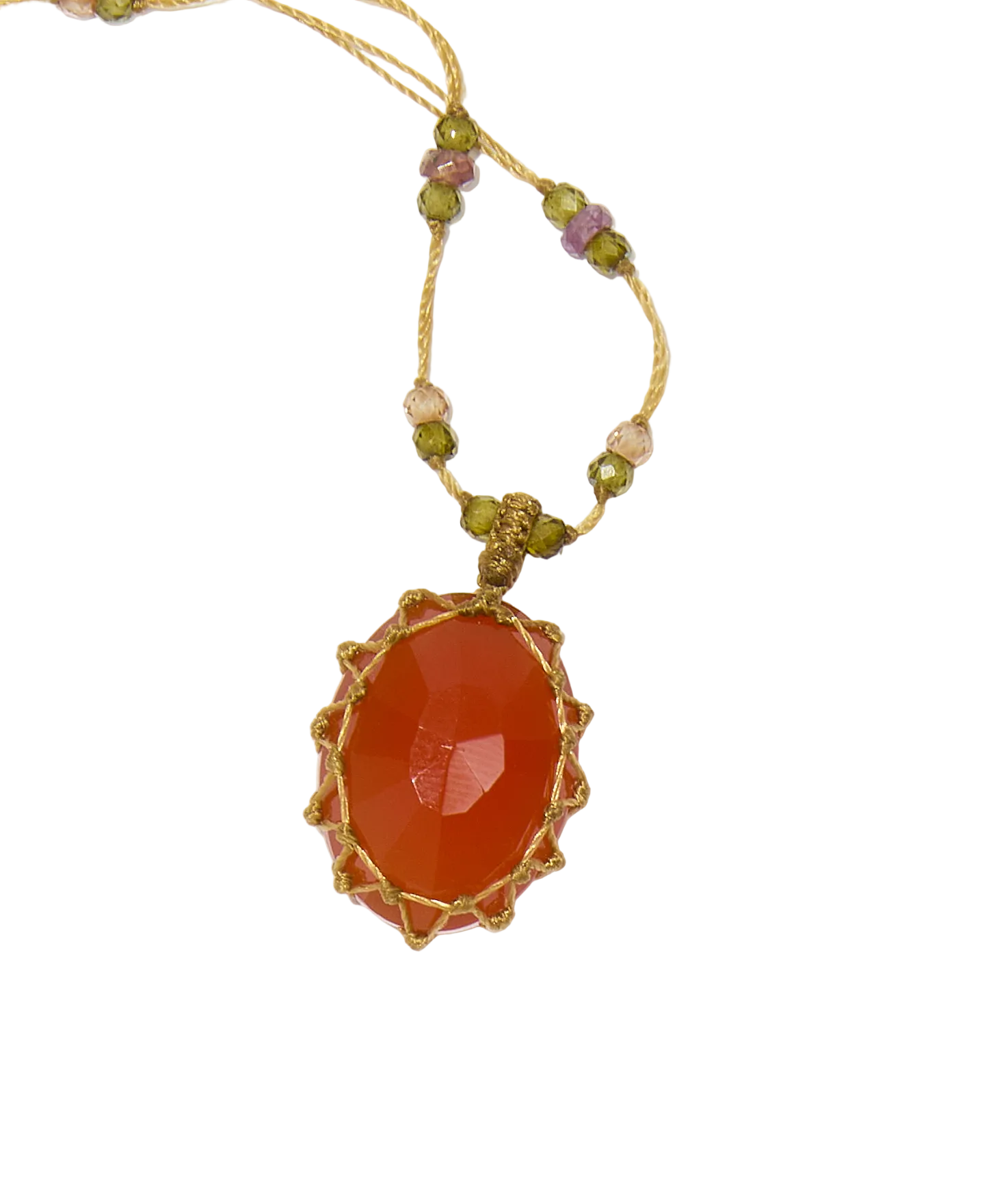 Collier court tibétain - Cornaline - Mix Tourmaline Rose - Fil Beige
