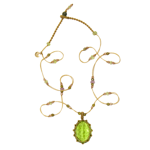 Collier court tibétain - Indian Glass Peridot - Mix Emeraude - Fil Tabac