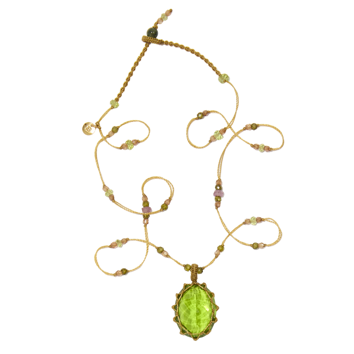 Collier court tibétain - Indian Glass Peridot - Mix Emeraude - Fil Tabac