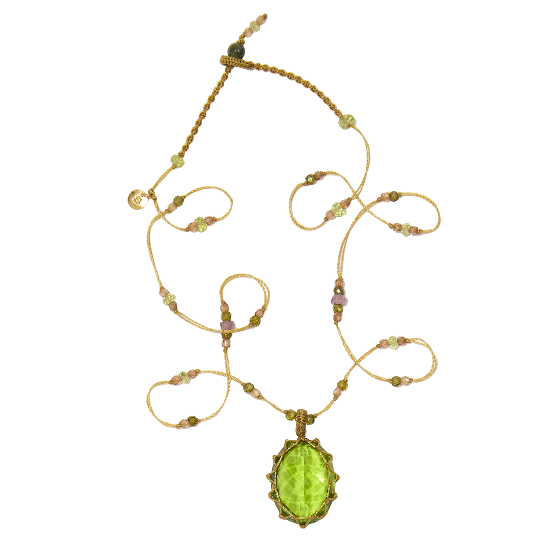 Collier court tibétain - Indian Glass Peridot - Mix Emeraude - Fil Tabac