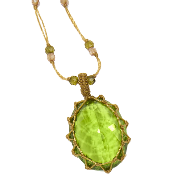 Collier court tibétain - Indian Glass Peridot - Mix Emeraude - Fil Tabac