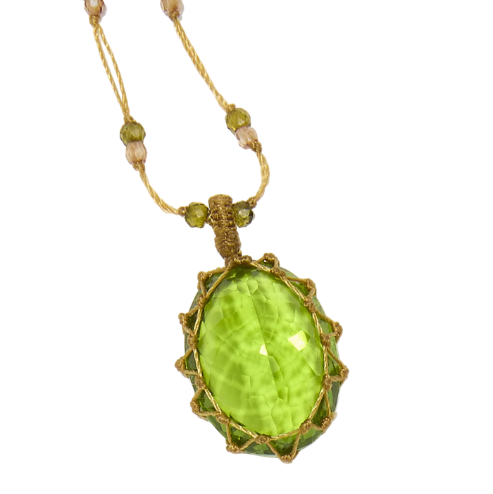 Collier court tibétain - Indian Glass Peridot - Mix Emeraude - Fil Tabac