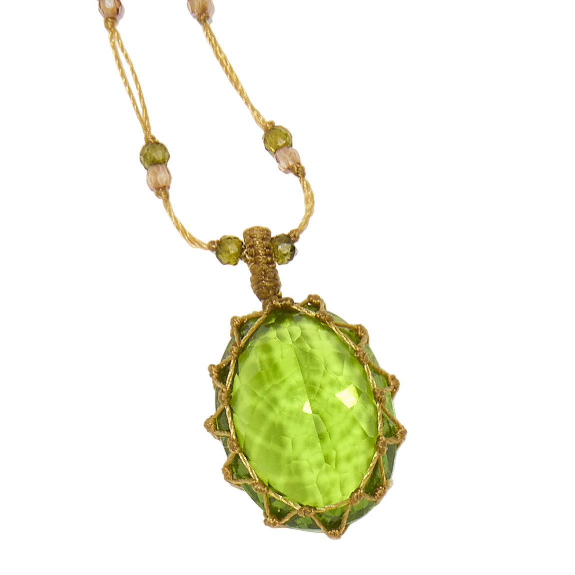Collier court tibétain - Indian Glass Peridot - Mix Emeraude - Fil Tabac
