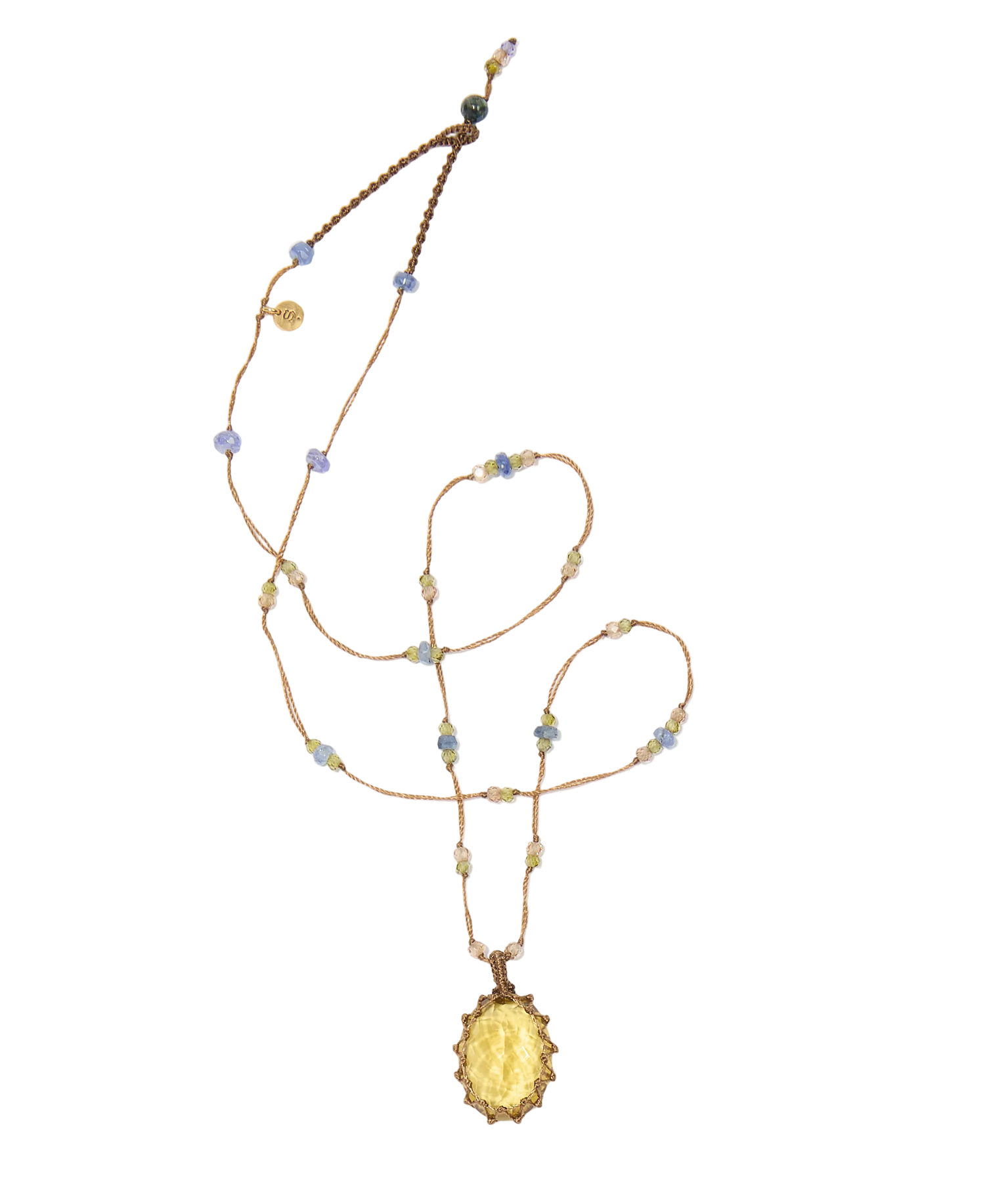 Collier court tibétain - Honey Quartz  - Mix Emeraude - Fil Tabac