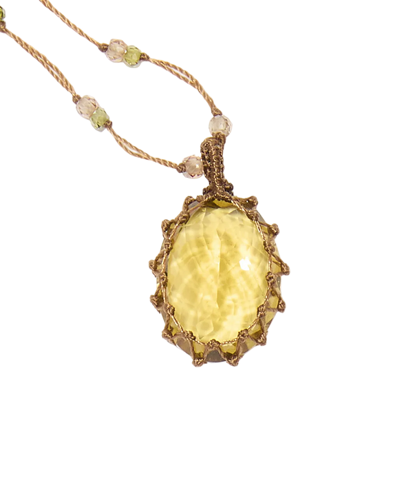 Collier court tibétain - Honey Quartz  - Mix Emeraude - Fil Tabac