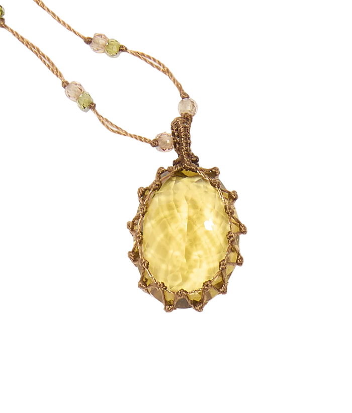 Collier court tibétain - Honey Quartz  - Mix Emeraude - Fil Tabac