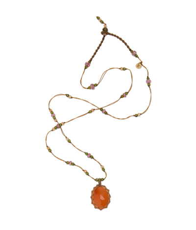 Collier court tibétain - Cornaline - Mix Tourmaline Rose - Fil Tabac