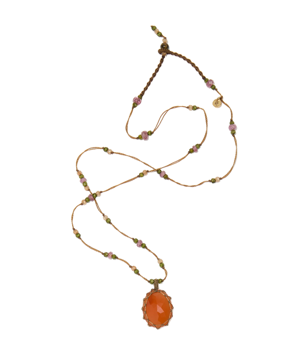 Collier court tibétain - Cornaline - Mix Tourmaline Rose - Fil Tabac