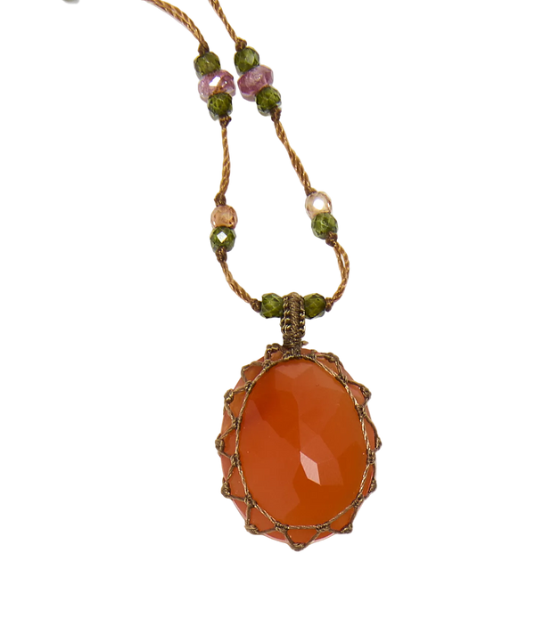 Collier court tibétain - Cornaline - Mix Tourmaline Rose - Fil Tabac