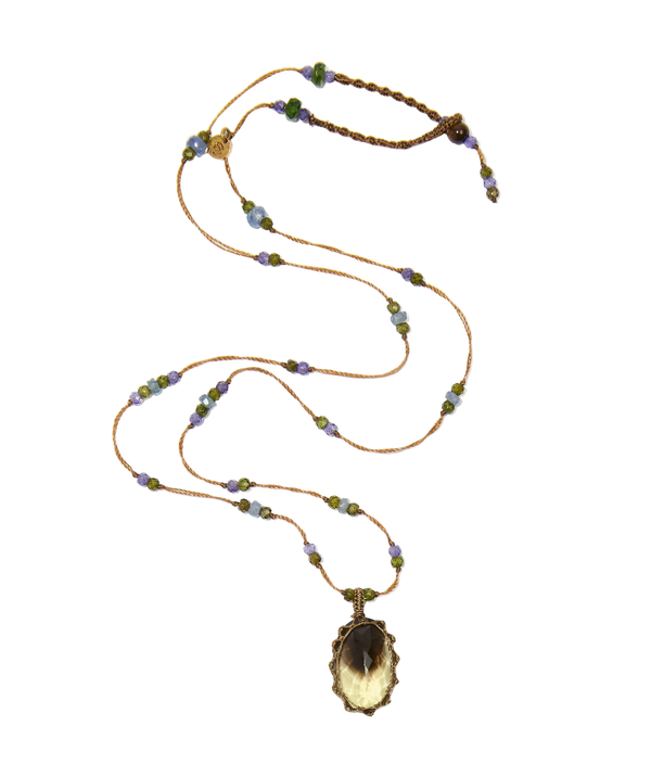 Collier court tibétain - Bio Lemon - Mix Tsavorite & Zircons violets - Fil Tabac