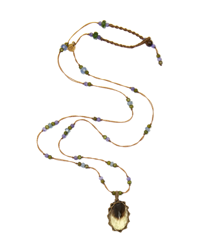 Collier court tibétain - Bio Lemon - Mix Tsavorite & Zircons violets - Fil Tabac