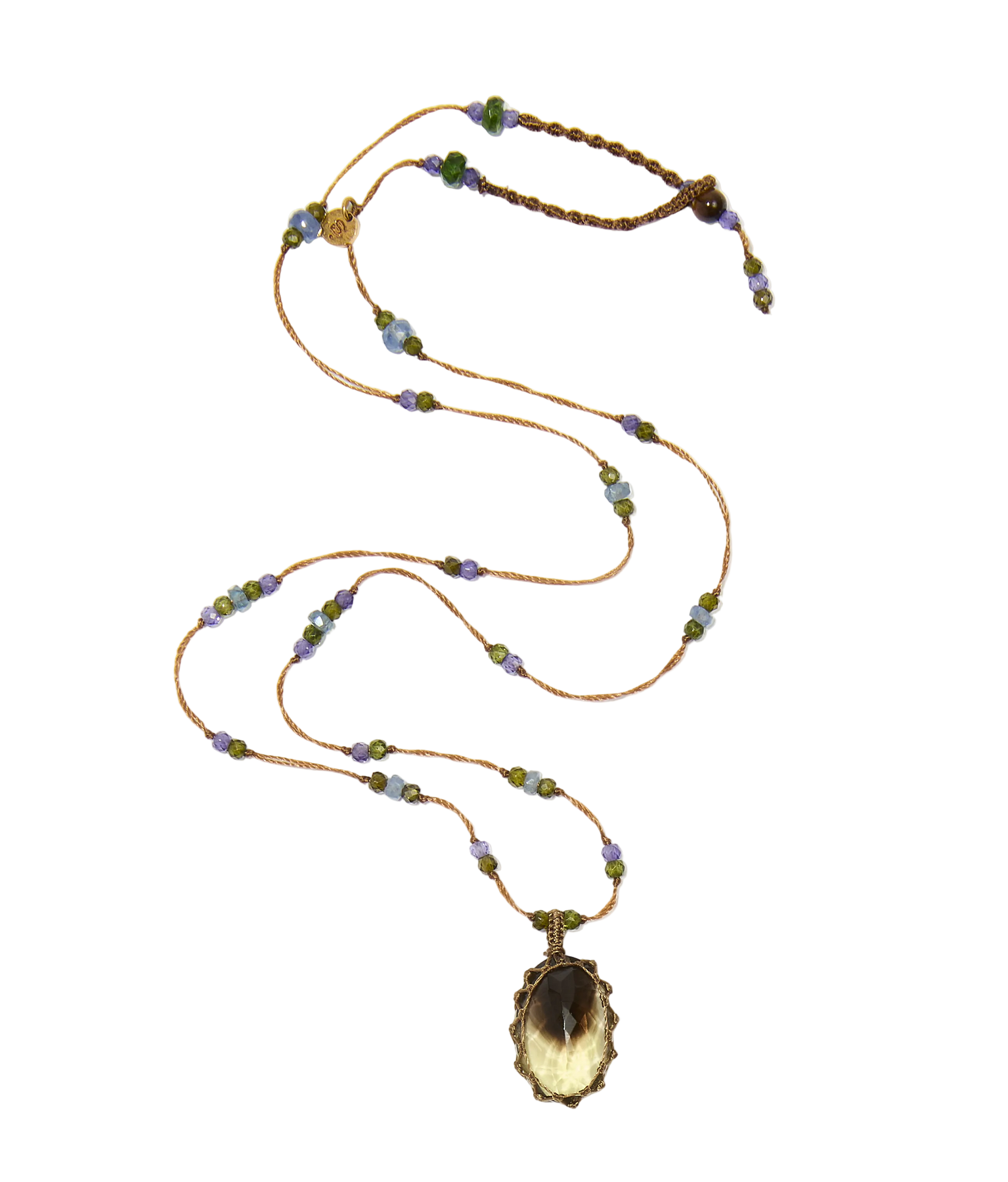 Collier court tibétain - Bio Lemon - Mix Tsavorite & Zircons violets - Fil Tabac