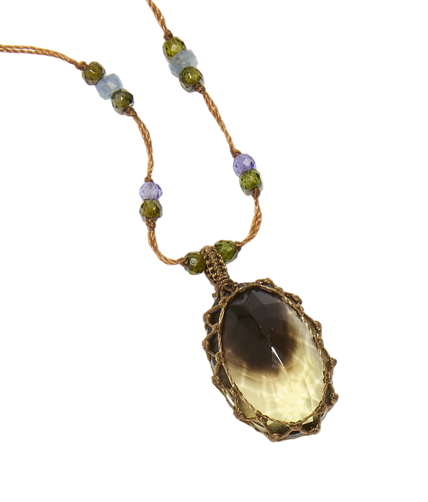 Collier court tibétain - Bio Lemon - Mix Tsavorite & Zircons violets - Fil Tabac