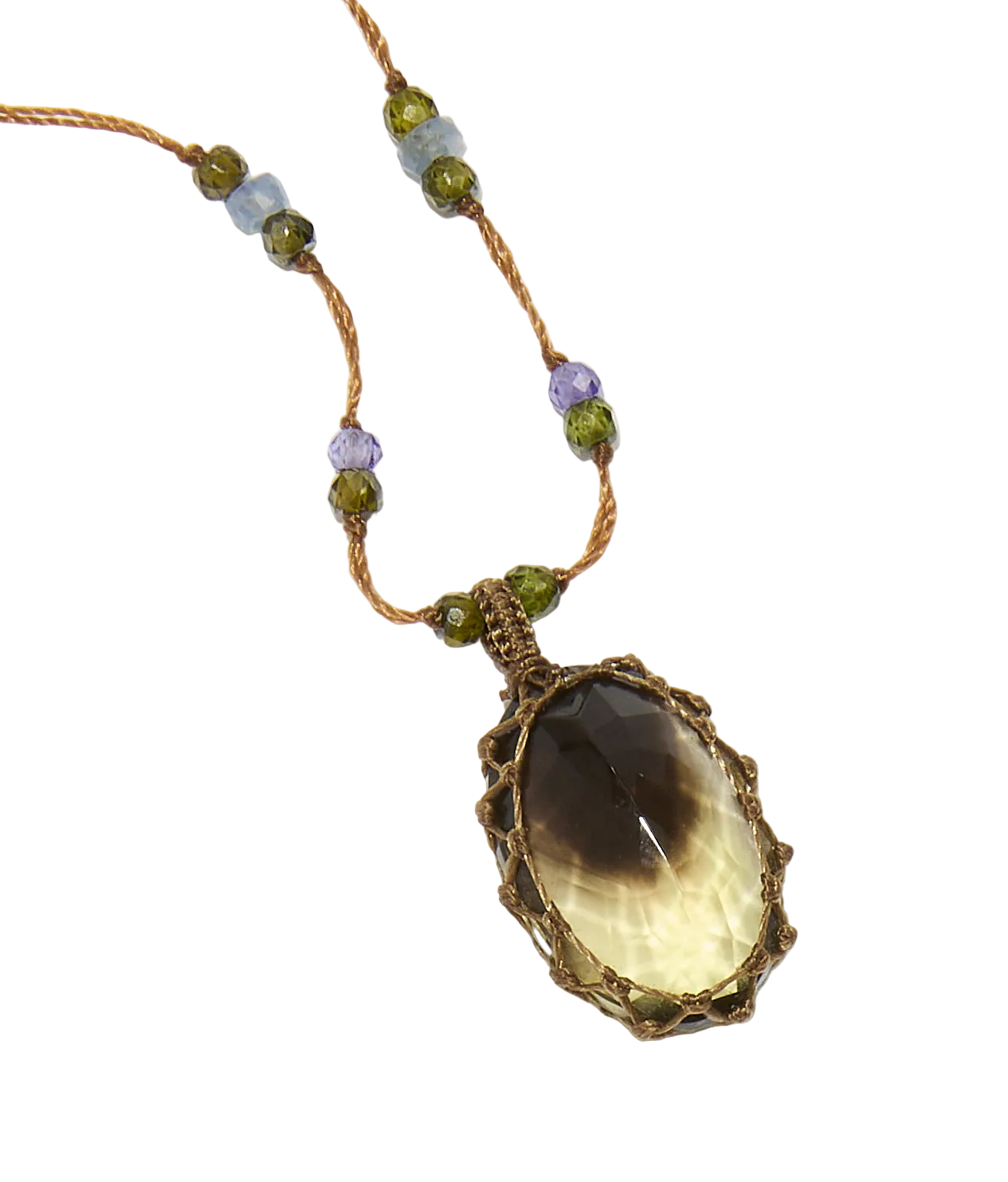 Collier court tibétain - Bio Lemon - Mix Tsavorite & Zircons violets - Fil Tabac