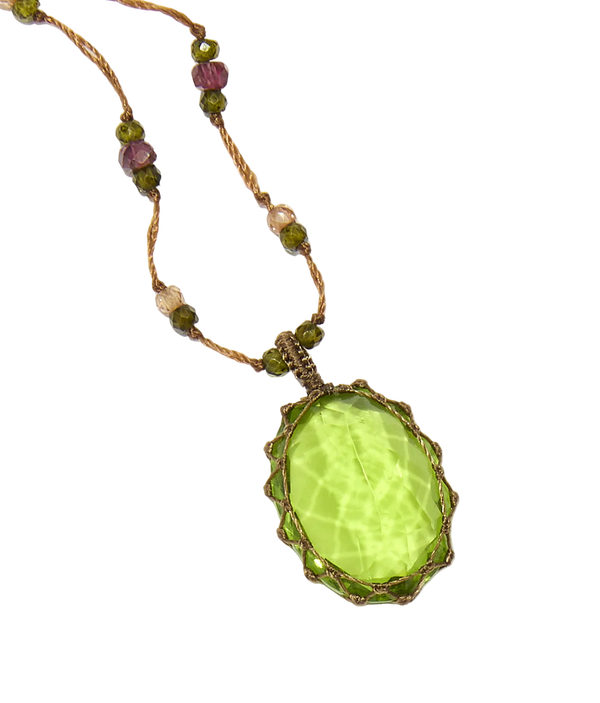 Collier court tibétain - Indian Glass Peridot - Mix Tourmaline Rose - Fil Beige