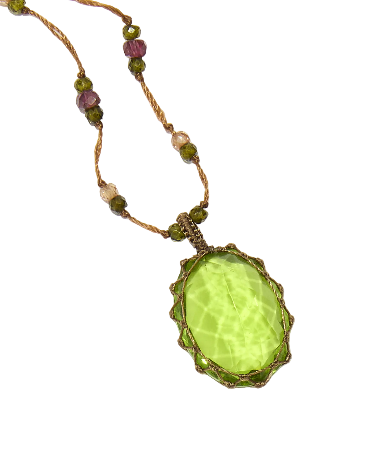 Collier court tibétain - Indian Glass Peridot - Mix Tourmaline Rose - Fil Beige