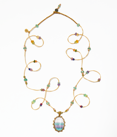 Sautoir Tibétain - Fluorite Rainbow - Mix multi Pierres - Fil Beige