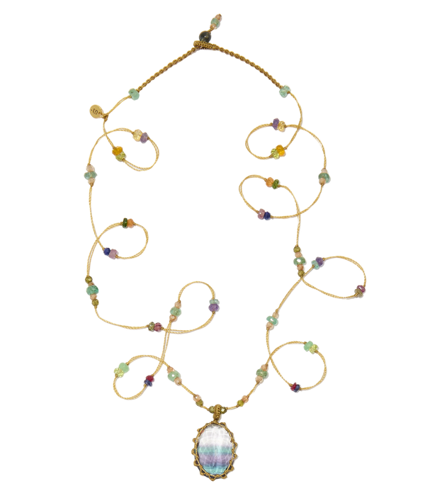 Sautoir Tibétain - Fluorite Rainbow - Mix multi Pierres - Fil Beige