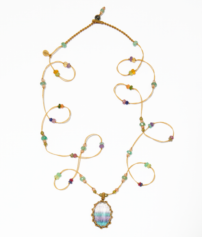 Sautoir Tibétain - Fluorite Rainbow - Mix multi Pierres - Fil Beige