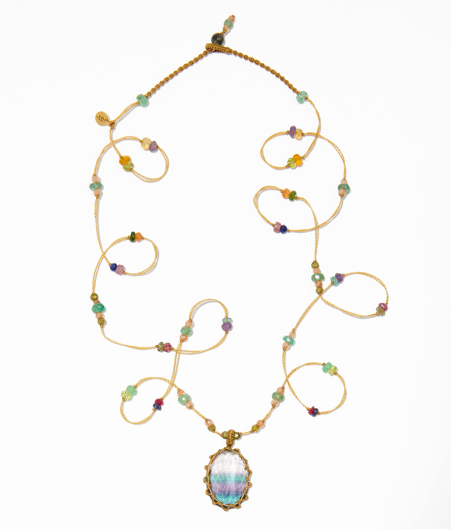 Sautoir Tibétain - Fluorite Rainbow - Mix multi Pierres - Fil Beige