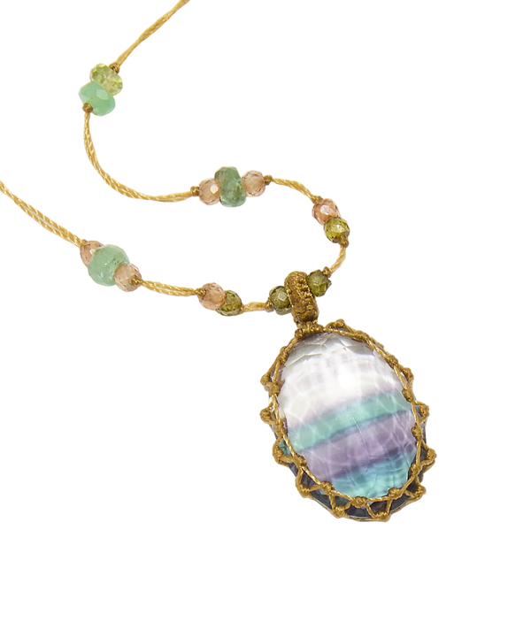 Sautoir Tibétain - Fluorite Rainbow - Mix multi Pierres - Fil Beige