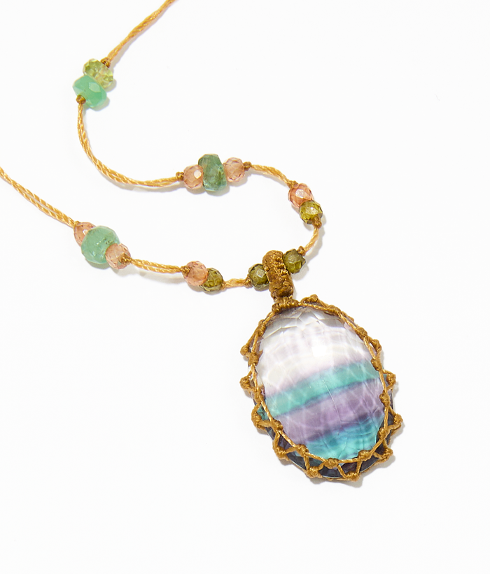 Sautoir Tibétain - Fluorite Rainbow - Mix multi Pierres - Fil Beige