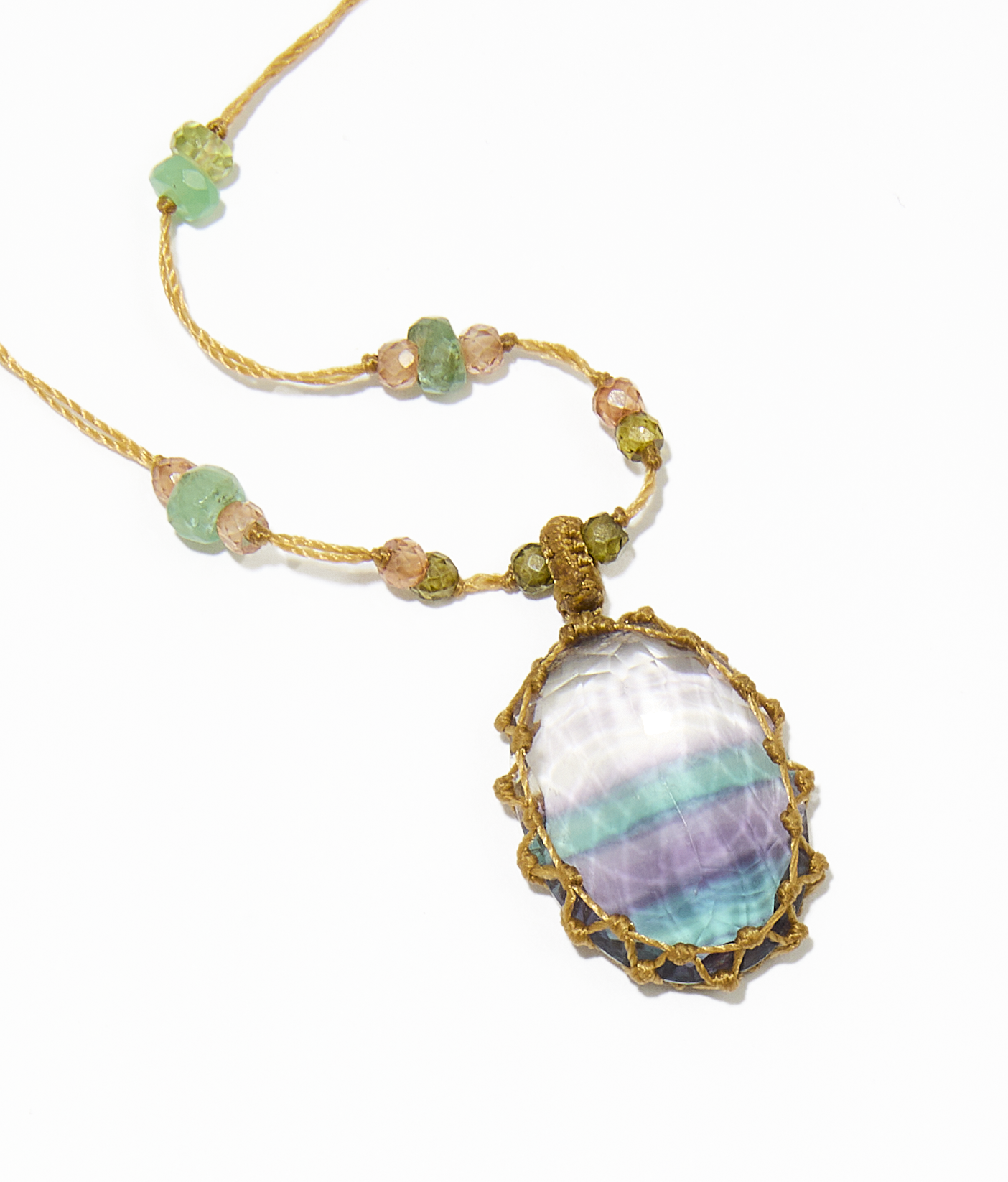 Sautoir Tibétain - Fluorite Rainbow - Mix multi Pierres - Fil Beige